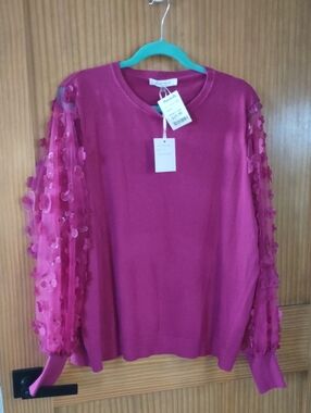 1X Fuchsia Pink Floral Appliqué Sleeve Sweater